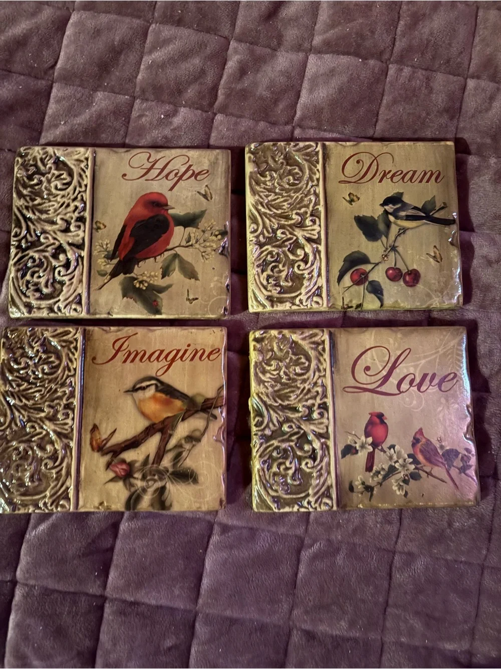 Decorative vintage Bird Wall Plaque Set - Hope Dream Imagine Love - Gold Accent